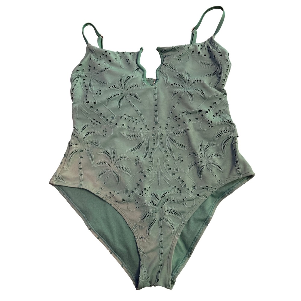 Time and Tru One Piece Swimsuit Green Palm Eyelet V Wire Cutout Womens L 12-14